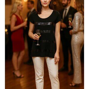 Kische Black Sequin Tee Size Large Rayon Scoop Neck Short Sleeve Style 14303